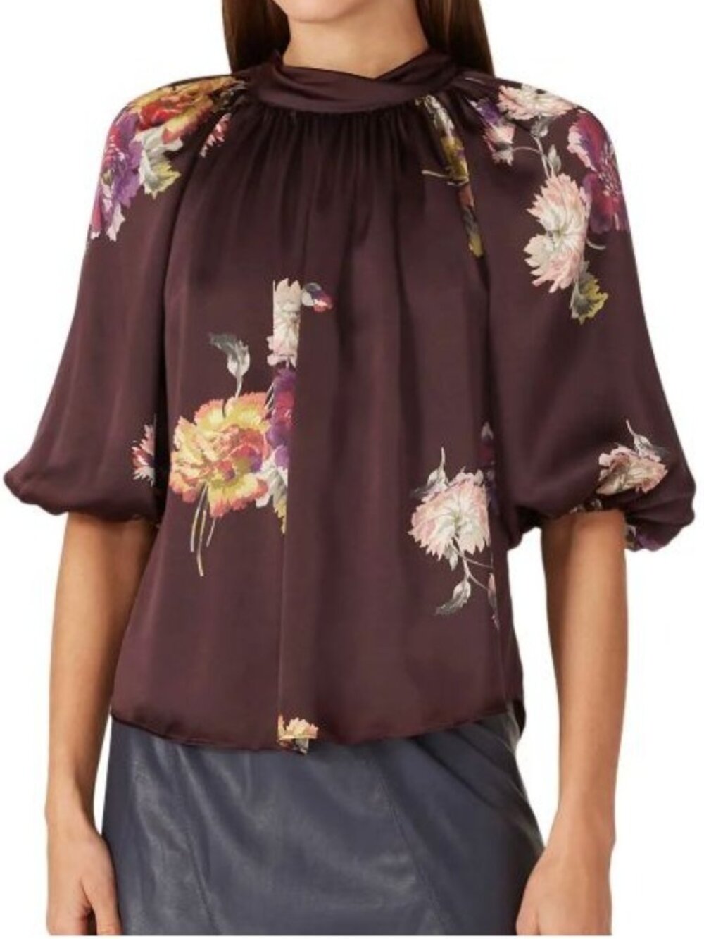 Rebecca Taylor Simone Silk Floral Blouse Size 8 Plum Mock Neck Balloon Sleeves